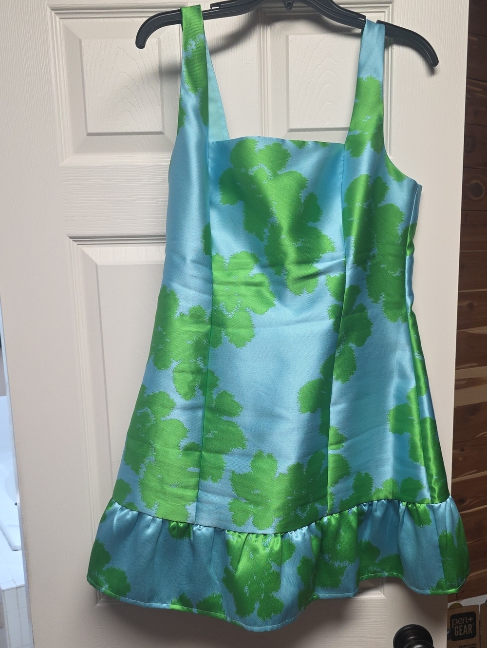 Girls Blue & Green Floral Satin Party Dress
